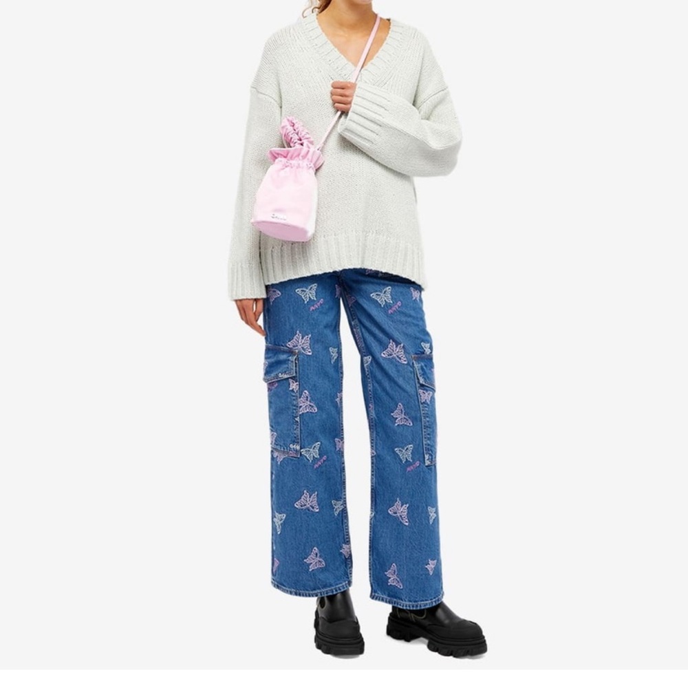 GANNI Angi embroidered denim angie butterfly cargo jeans size 31 women NWT